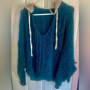 Free People sweater Tierra Cable knit oversized good condition, dark blue/teal